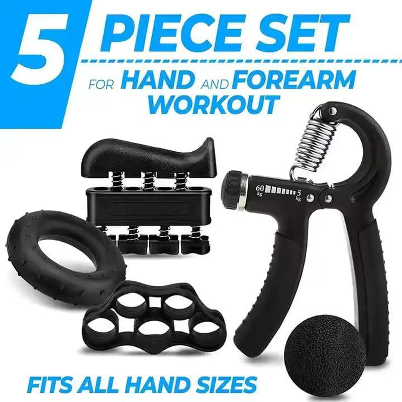 Hand Grip Strengthener Workout Kit, 5 Pack, Adjustable Resistance Grips and Stress Balls, Black，11-132Lb