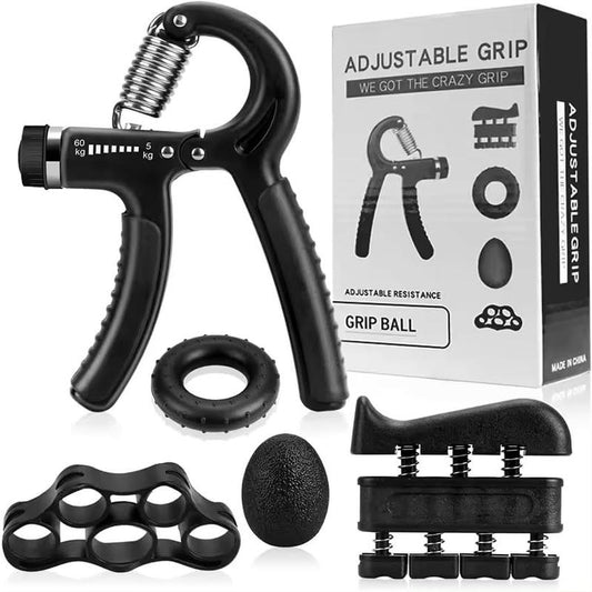 Hand Grip Strengthener Workout Kit, 5 Pack, Adjustable Resistance Grips and Stress Balls, Black，11-132Lb