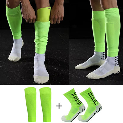 2 Pairs Set Men Grip Soccer Socks and Calf Sleeves Adult Youth Non Slip Leg Cover Guards for Basketball Football Sports Socks