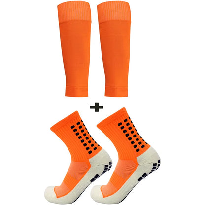 2 Pairs Set Men Grip Soccer Socks and Calf Sleeves Adult Youth Non Slip Leg Cover Guards for Basketball Football Sports Socks